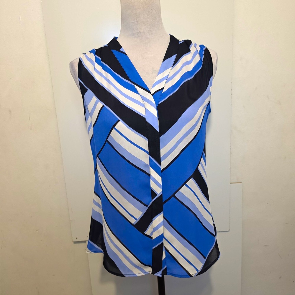 Banana Republic Women's Sleeveless V-Neck Striped Chiffon Blouse Blue 4